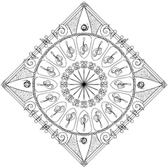 Naklejka premium Musical note mandala with treble clefs in diamond frame line art illustration for coloring
