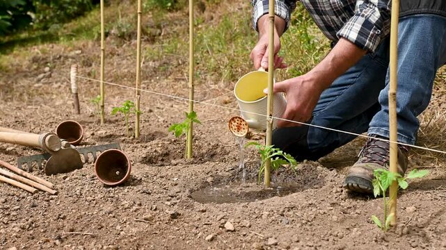 Close-up of a farmer's hands watering a tomato plant in an organic field with an old metal watering can. Garden work in spring. Traditional agriculture. Footage.