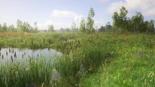 Wildflower marsh edge with cattails and blooming grasses, delicate insect life and textured vegetation meet calm shallow water, warm soft palette conveys