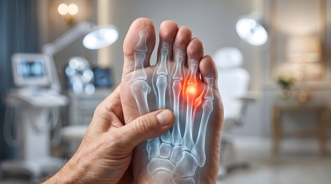 Close Up of Painful Metatarsalgia With Inflamed Metatarsal Bones and X Ray Foot Anatomy Overlay