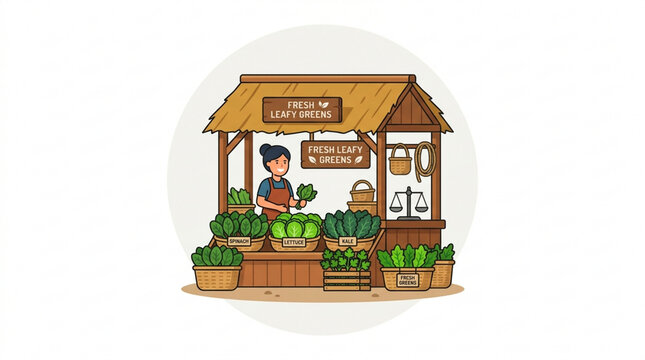 Illustration of a vegetable stall with a vendor
