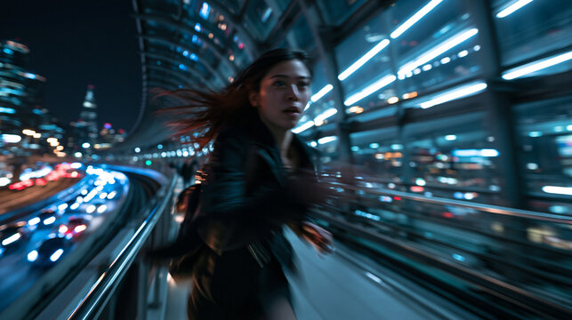 Asian Woman Running in Fear Through Futuristic City at Night