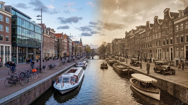 Amsterdam Canal Split View Comparing Modern Present and Historic Past
