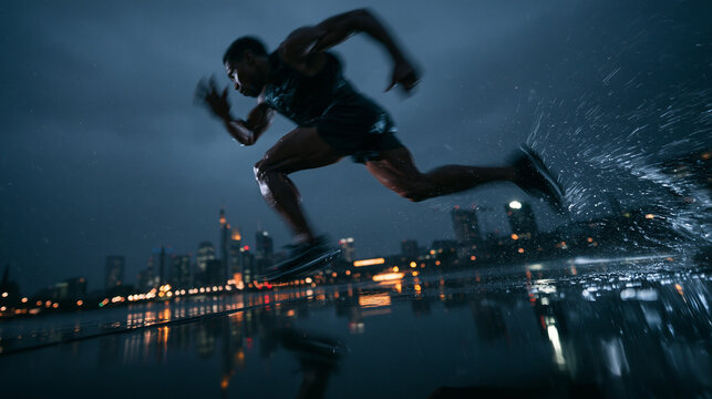 Male Athlete Sprinting Fast on Wet City Street at Night