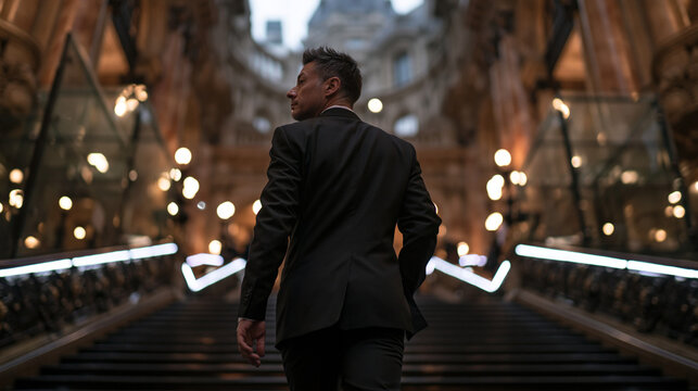 Businessman in Suit Walking Up Grand Staircase in Luxurious Interior