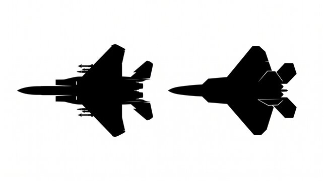 Military jet silhouettes side by side on white background, black vector icons of fighter aircraft