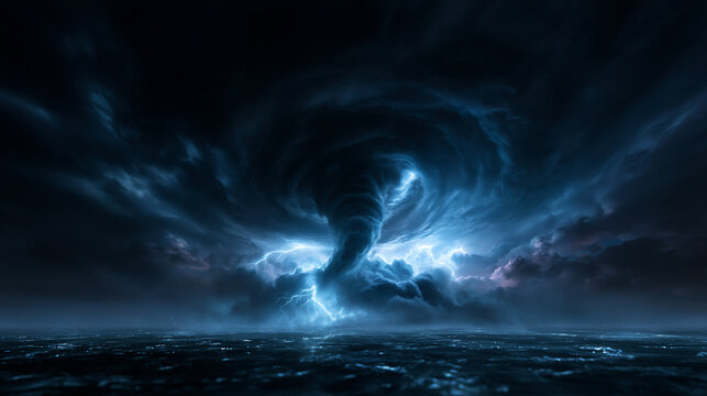 Massive Tornado and Lightning Storm Over Ocean at Night