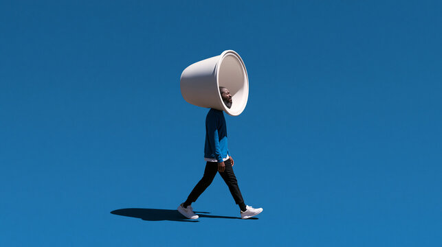 Surreal Image of Man Walking with Giant Cup on Head