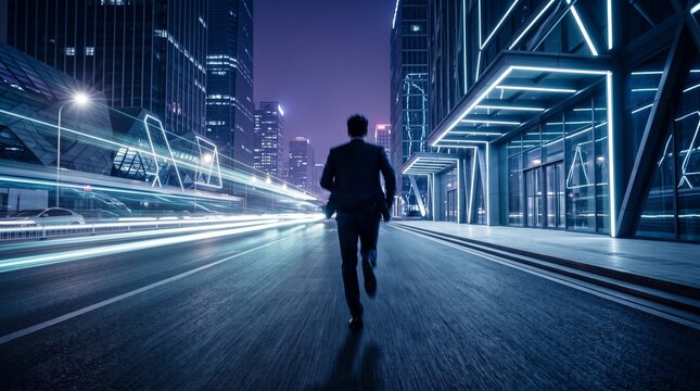 Businessman Running in Futuristic City Street at Night