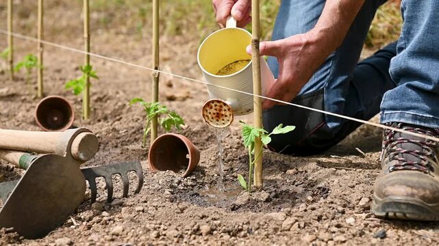 Close-up of a farmer's hands watering a tomato plant in an organic field with an old metal watering can. Garden work in spring. Traditional agriculture. Footage.