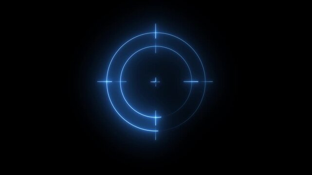 Glowing blue neon crosshair target symbol isolated on a dark background for gaming and military use