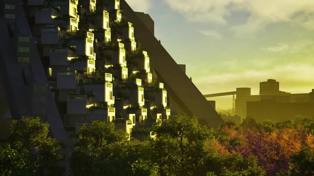 Stepped faade catching afternoon sun with glowing edges and leafy foreground, repetitive modules forming sculptural profile, atmosphere of calm residential