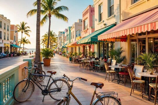 Bicycles parked along a colorful street with shops and cafes near the beach during sunset Generative AI