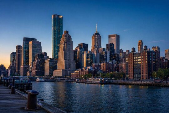 City skyline at sunset along the waterfront with buildings and reflections in the water Generative AI