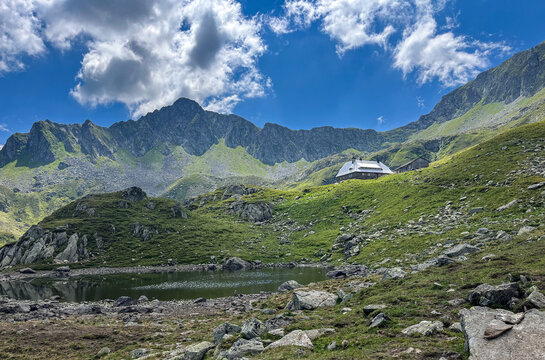 mountain landscape with blue sky, Podragu Valley, Fagaras Mountains, Romania 