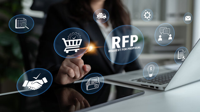 Professional businesswoman engaging with digital interface showcasing RFP concepts, including proposal request, teamwork, technology, and commerce ideas in modern workspace.. Glyphic.