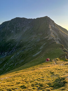 mountain landscape with blue sky, Moldoveanu and Vistea Peaks, Fagaras Mountains, Romania 