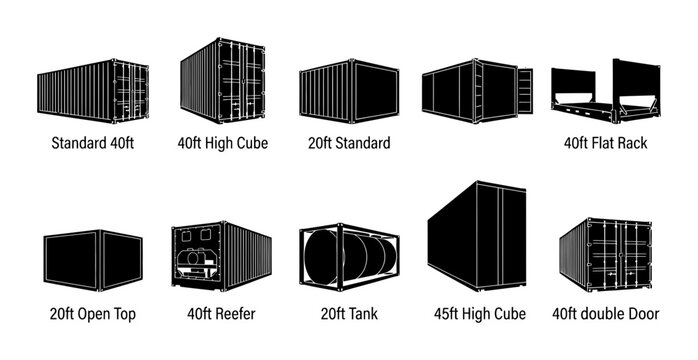 Shipping Container Types Icon Set Featuring Standard High Cube Reefer Open Top Flat Rack and Tank Logistics Freight Units