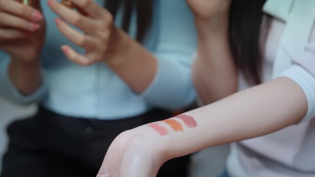 Beauty makeup lipstick swatch tutorial for bloggers and influencers, live streaming review with smooth glide, warm smile, gentle talk, honest look, arm and hand closeup matte and gloss shades, tips