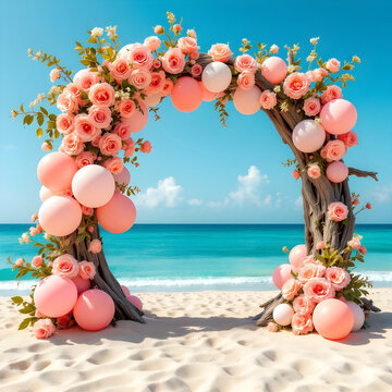 Outdoor Valentine arch decorated with flowers and balloons
