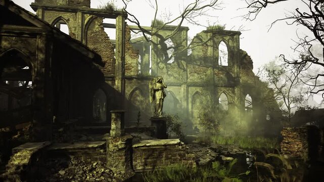 Crumbling stone bridge framed by sentinel statue and fog, filtered light and scattered debris create tension and mystery, ideal for cinematic posters, game