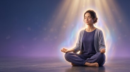 Fototapeta premium Serene woman meditating in a lotus pose with a glowing aura and peaceful light beams around her