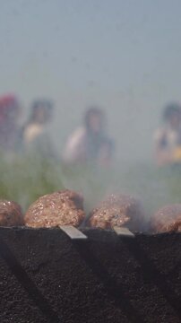 Extreme close up of juicy meat shashlik grilling on skewers over a mangal with smoke, blurred family picnic in the background, vertical video.