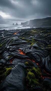 Witness the transformation of fresh black basalt as it cools in an Icelandic lava field. The shifting flows and textures tell a story of fire and ice under overcast skies.