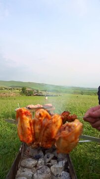 Man holding skewers of chicken wings grilling over hot coals on a mangal grill in a green mountain landscape, vertikal video.