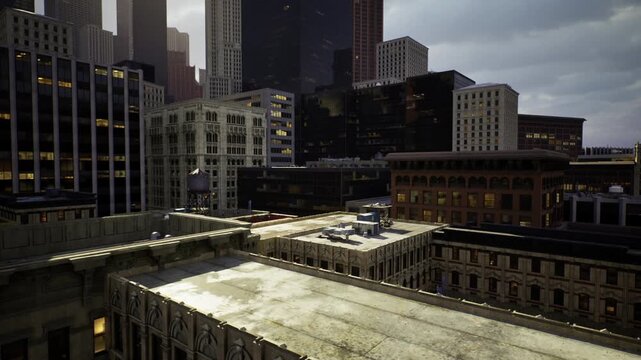 Sunlit roof foreground with distant towers and reflective patches, sharp architectural lines and high contrast lighting, suitable for real estate and editorial