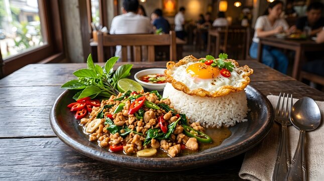 Authentic Thai Pad Krapow (minced basil chicken) served with a fried egg over steamed jasmine rice, lime, and chilies on a dark plate in a rustic restaurant.
