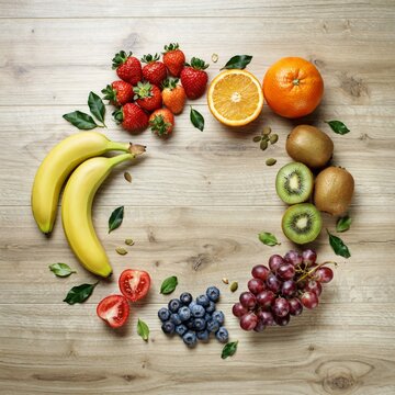 healthy assorted fresh fruits flat lay frame on wooden background with copy space for healthy eating