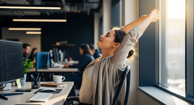 Tired businesswoman stretching arms at office desk