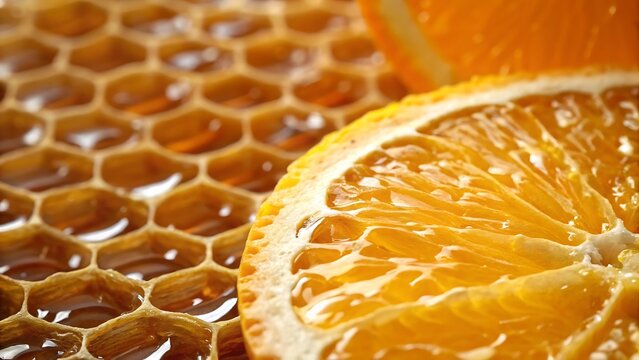Close up of orange slice next to golden honeycomb texture