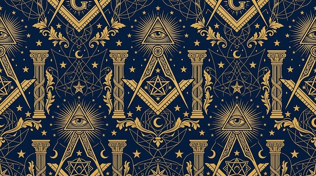 Gold esoteric masonic symbols seamless pattern on dark background