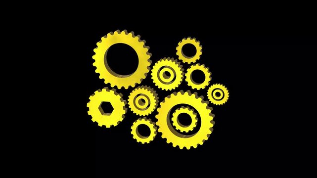  3d multi gear set rotating animation golden look reflecting unique design in dark background 4k video 16 to 9 ratio