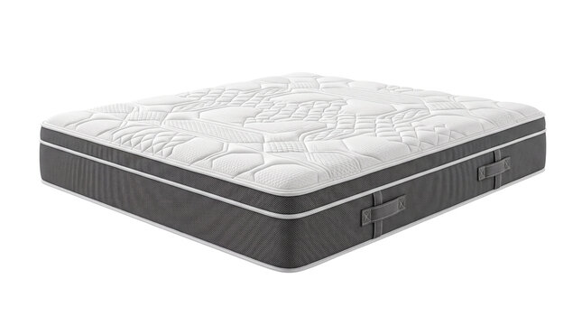 Modern orthopedic mattress with quilted white top, premium grey fabric side panels, luxury memory foam bed for healthy sleep