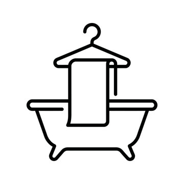 Bathtub and towel on hanger icon symbolizing bathroom, hygiene, and self care.