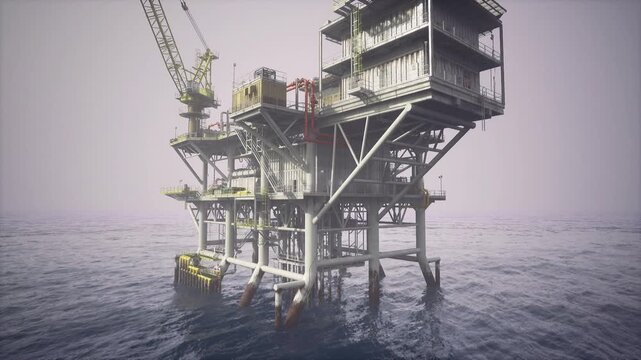 Offshore platform with crane and supply vessel performing mooring and cargo transfer operations, service deck visible, winch and container details, industrial