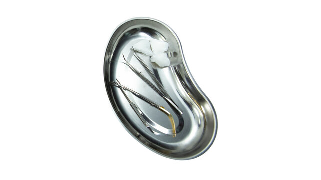 Medical kidney dish with surgical instruments stainless hospital equipment emergency procedure clinical sterilized container treatment operations collection supplies