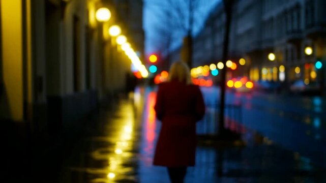A blond woman in a red coat walks down a wet city sidewalk at dusk past glowing streetlights and colorful traffic lights.