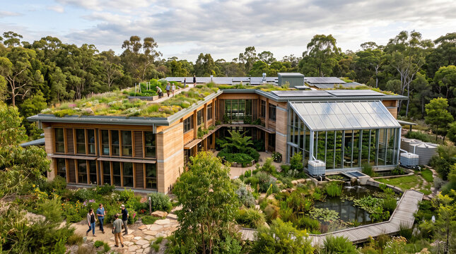 eco-friendly modern timber building architecture, sustainable architecture with green roof, solar panels on vegetated roof, living wall vertical garden architecture, modern wooden commercial building