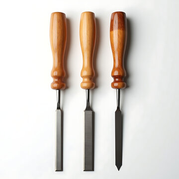 Collection of three chisels with ergonomically shaped wooden handles and steel blades arranged vertically for woodworking and artistic carving.