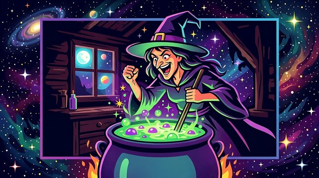 Witch stirring bubbling magic potion in a cosmic space cottage