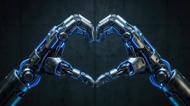 Blue glowing robotic hands creating heart shape symbol.