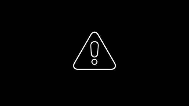 warning sign animation: white exclamation mark in triangle on black background, caution alert and motion graphics of danger icon