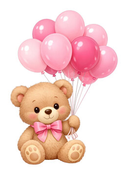 PNG Cute teddy bear with pink balloons on white background