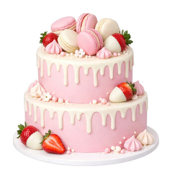 PNG Elegant pink cake with macarons and strawberries.