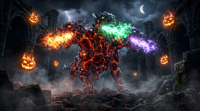 AI-generated hyper-detailed Cerberus of obsidian and magma, transparent black glass, orange emerald violet fire, floating pumpkins, ancient ruins, ray-traced reflections, premium Halloween artwork, 4K