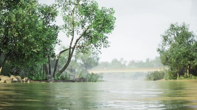 Tranquil morning scene. Quiet early hours by misty river with surrounding nature. Calm and peaceful morning by foggy river adorned with trees at daybreak